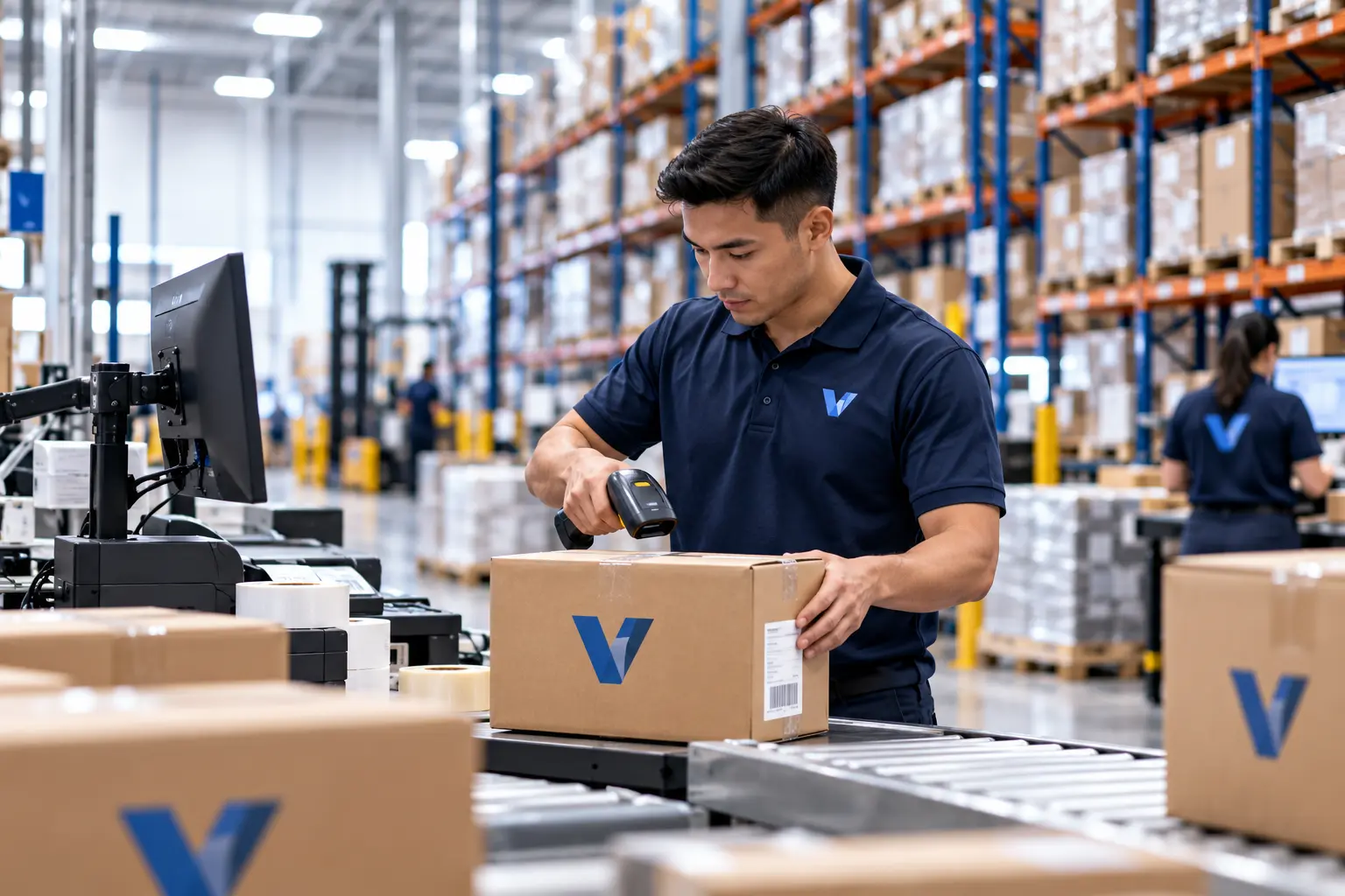 Vina Distribution team member scanning an order at a packing station